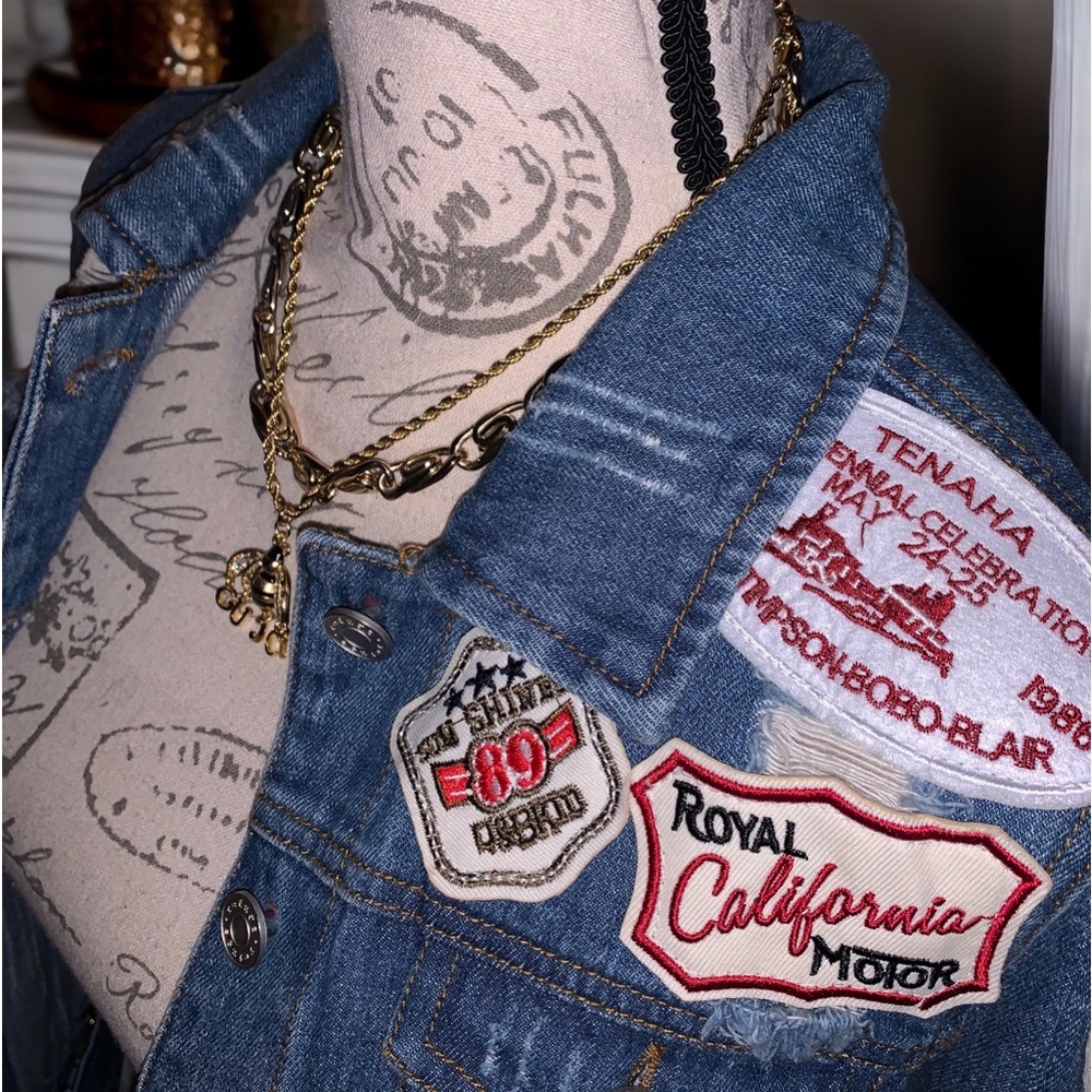 Retro and Unique Patchwork Distressed Dark Blue Denim Jean Jacket